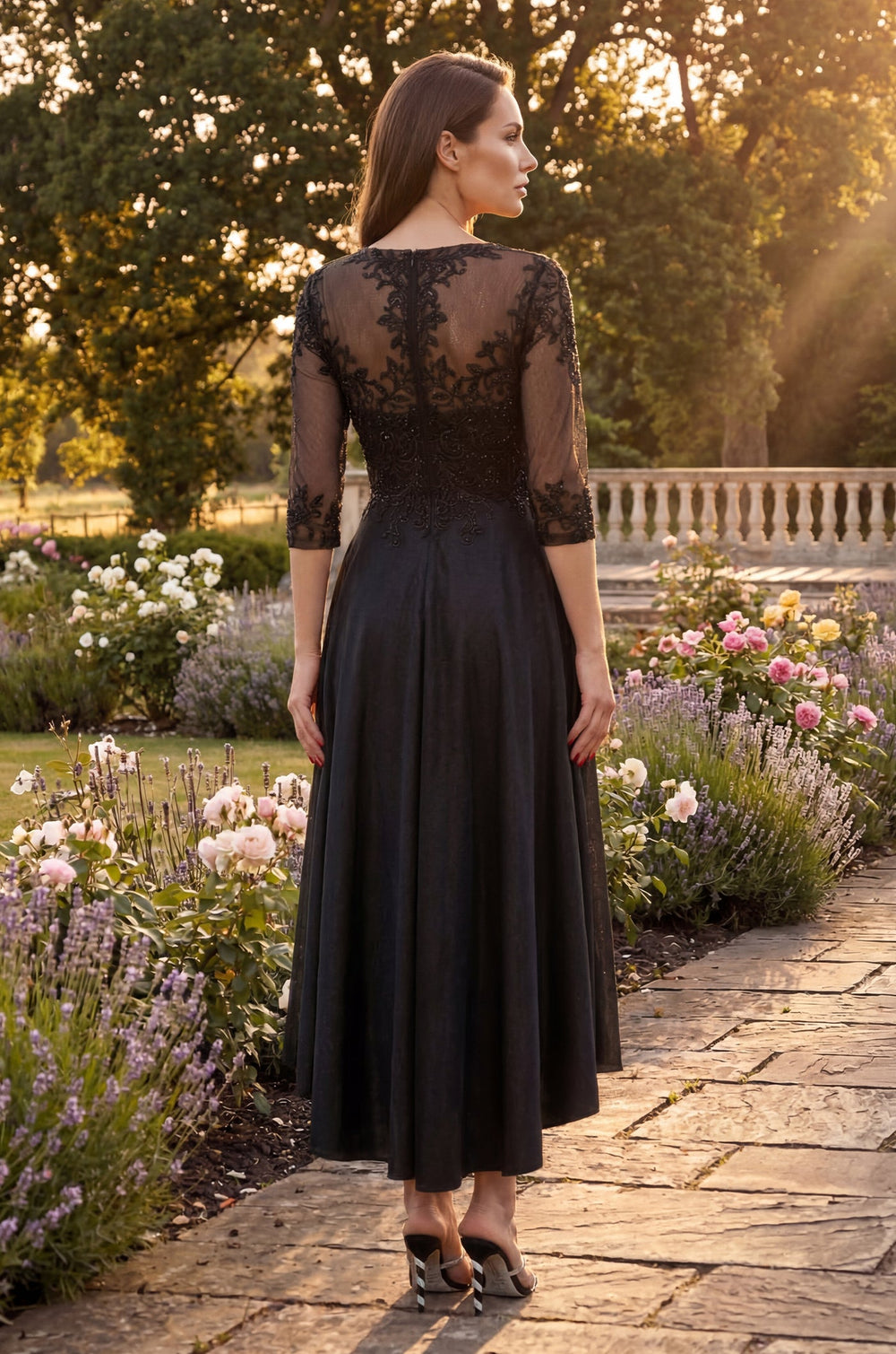 Glitter Swirl Embroidered A Line Formal Dress in Black