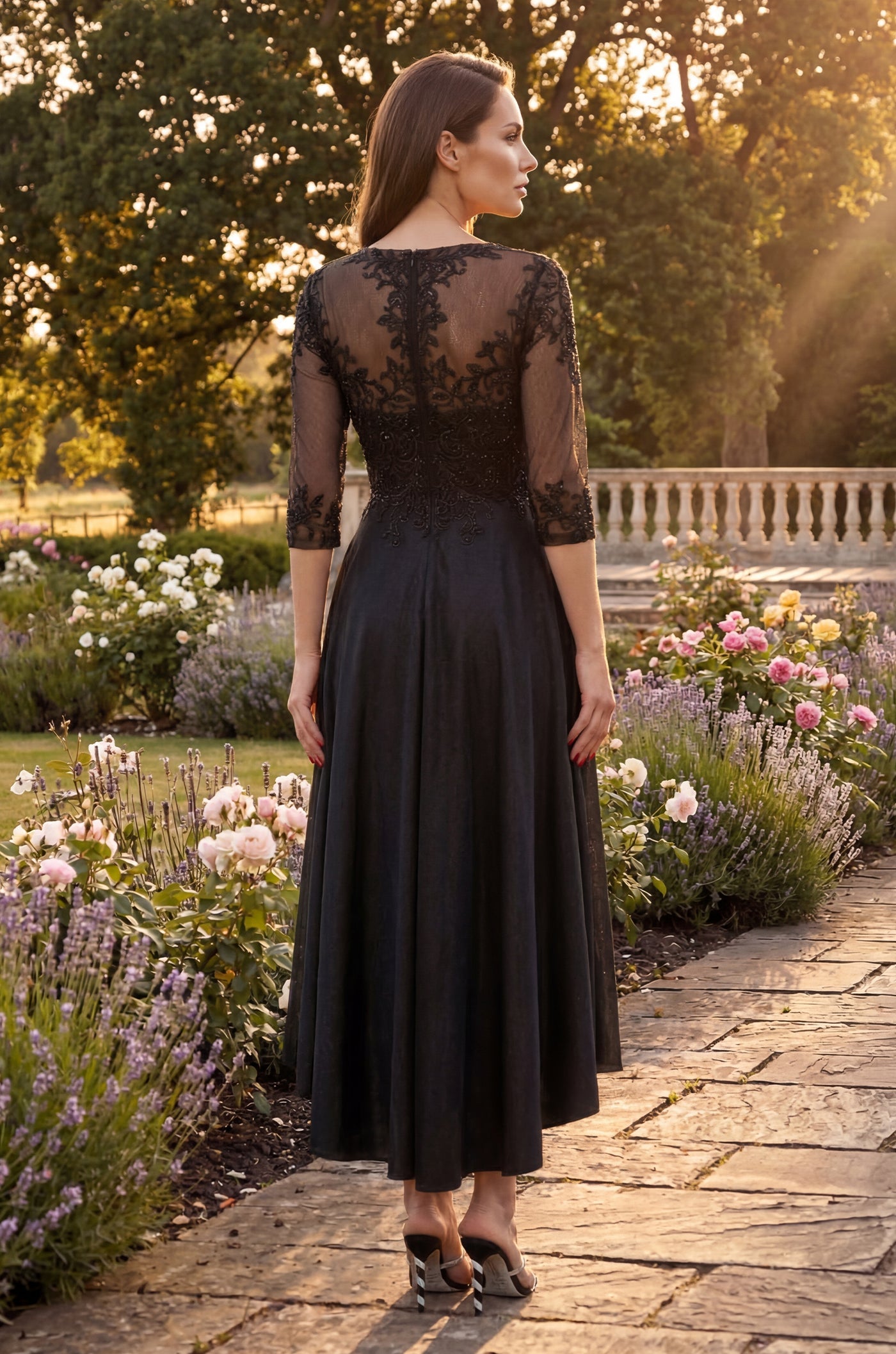 Glitter Swirl Embroidered A Line Formal Dress in Black