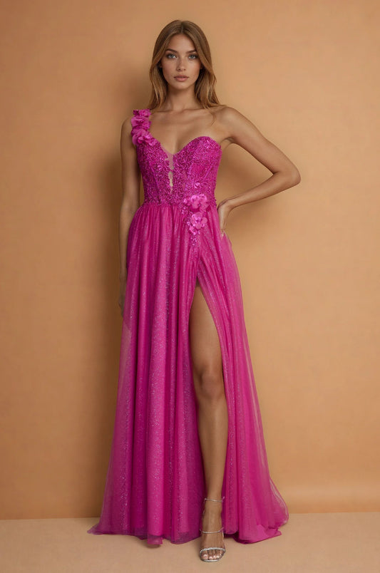 Prom Dresses One Shoulder Lace Prom Ball Gown  Fuchsia