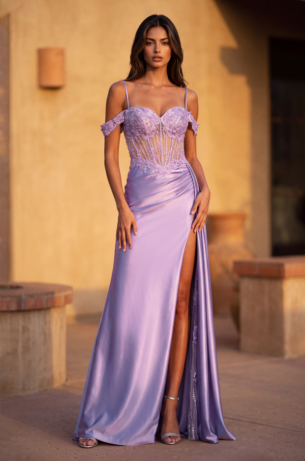 Kos Couture Corset Prom Long Dresss with Beaded Drape Slit