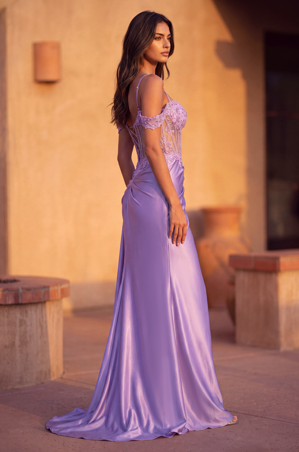 Kos Couture Corset Prom Long Dresss with Beaded Drape Slit