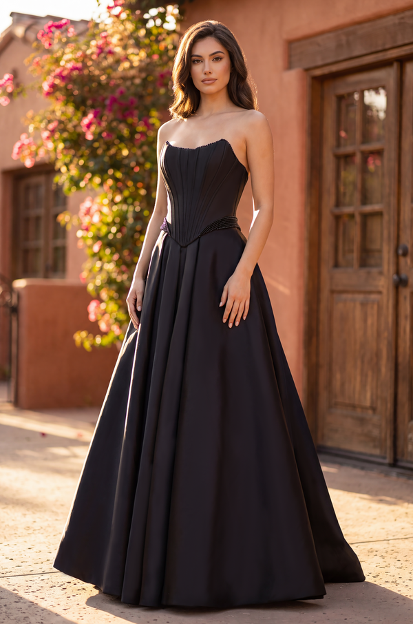 Kos Couture Long Strapless Satin A Line High Slit Pocket Wedding Dress