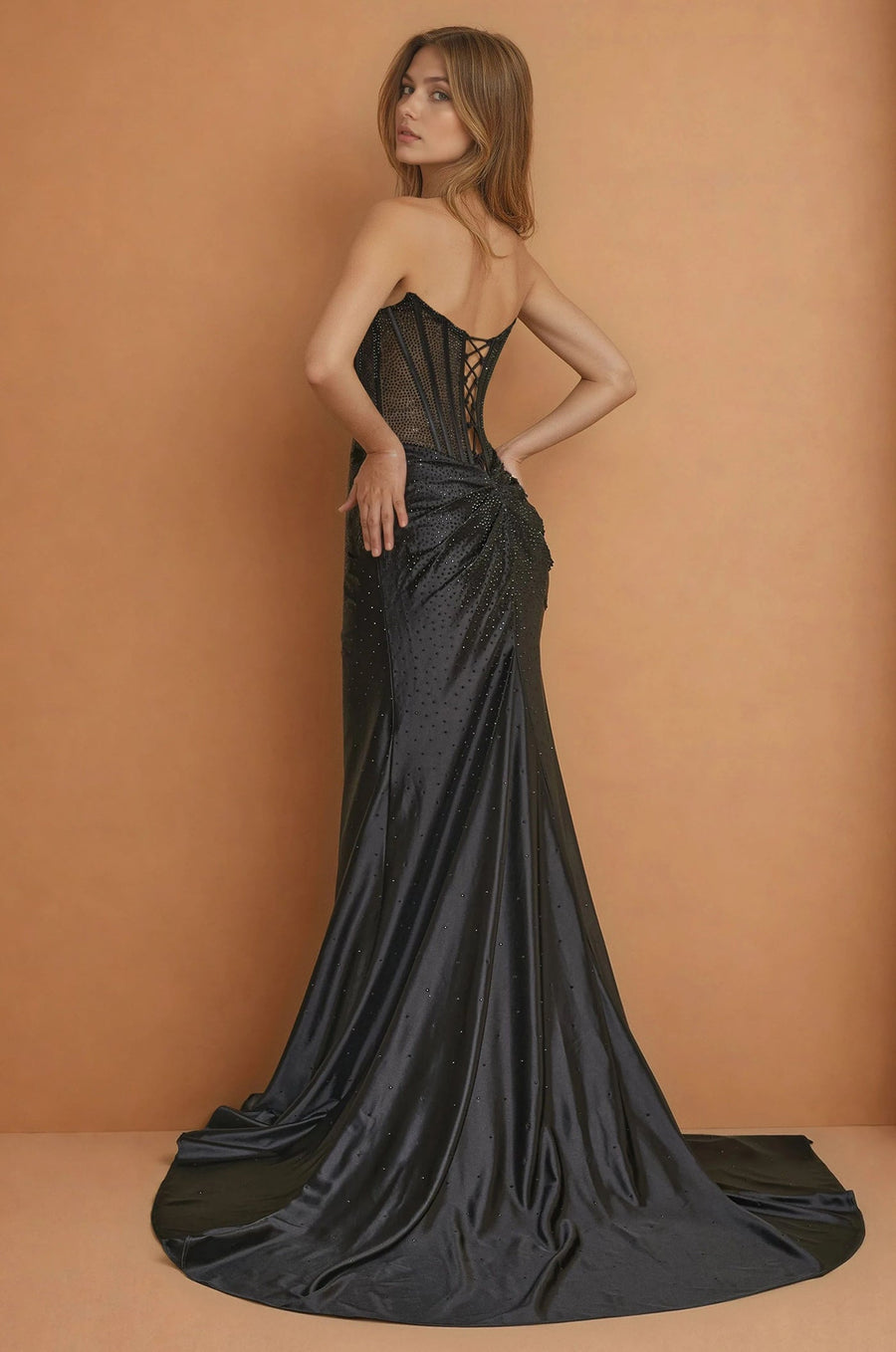 Prom Dresses Strapless Fitted Hot Fix Corset Prom Dress Black