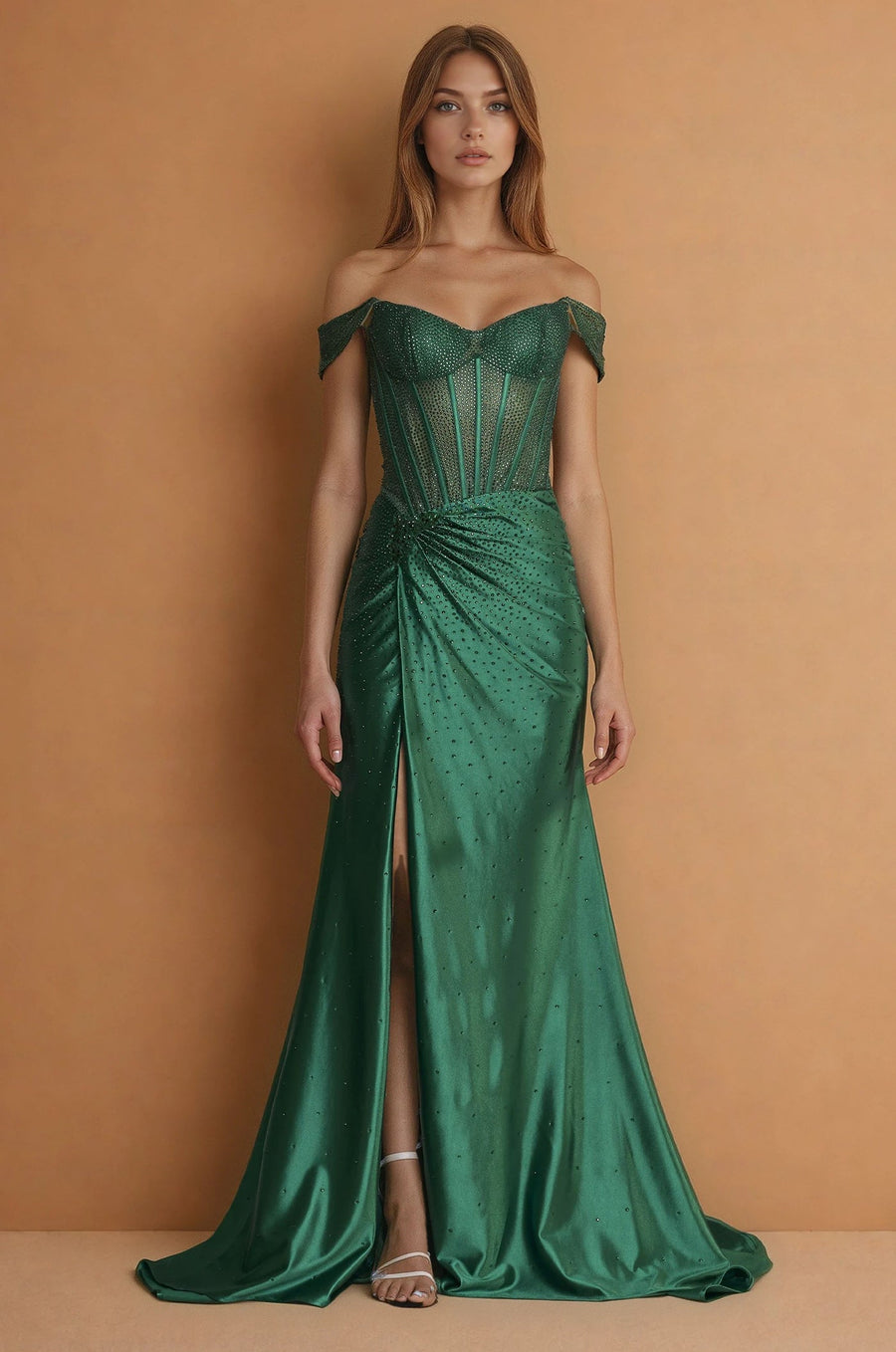 Prom Dresses Strapless Fitted Hot Fix Corset Prom Dress Emerlad Green