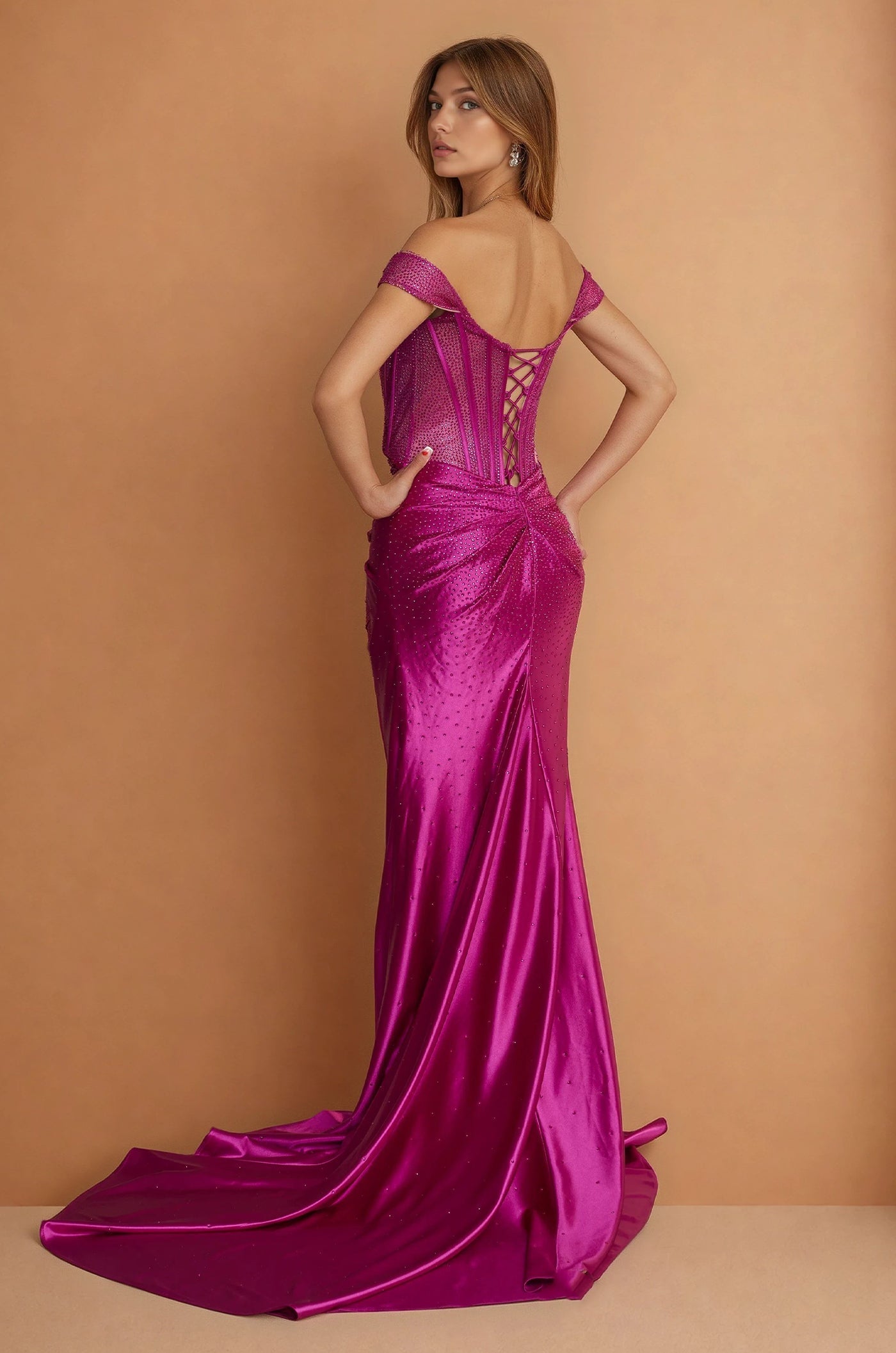 Prom Dresses Strapless Fitted Hot Fix Corset Prom Dress Hot Pink