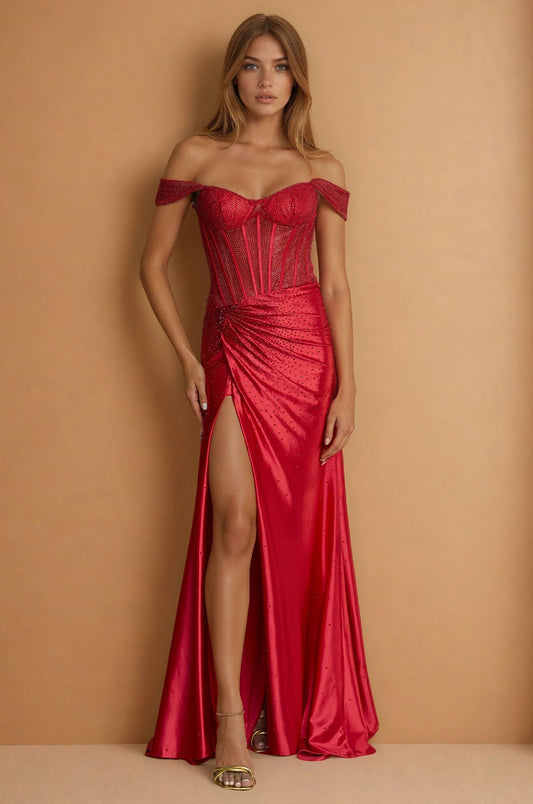 Prom Dresses Strapless Fitted Hot Fix Corset Prom Dress Red
