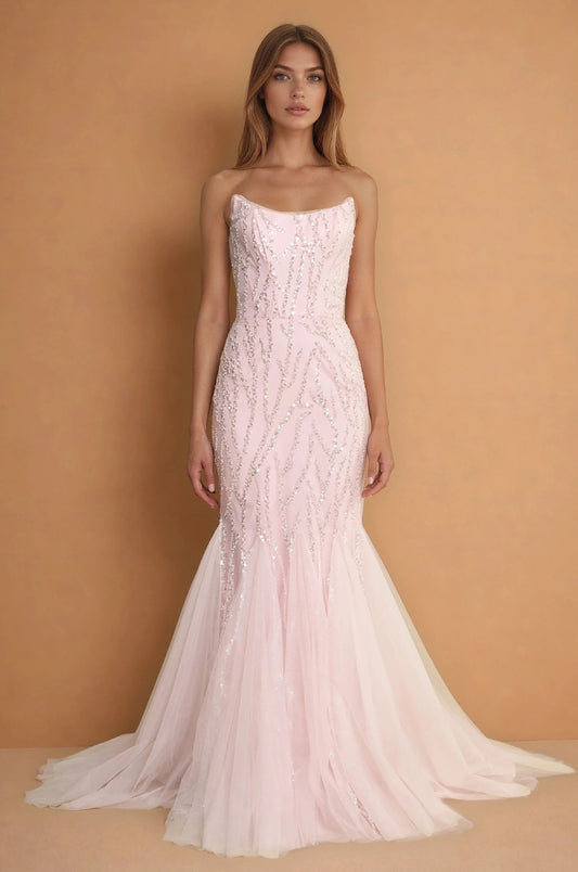 Prom Dresses Long Mermaid Beaded Formal Evening Dress Blush