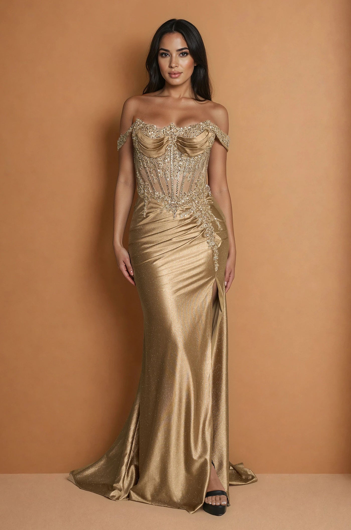 Prom Dresses Long Corset Off Shoulder Formal Prom Dress Antique Gold