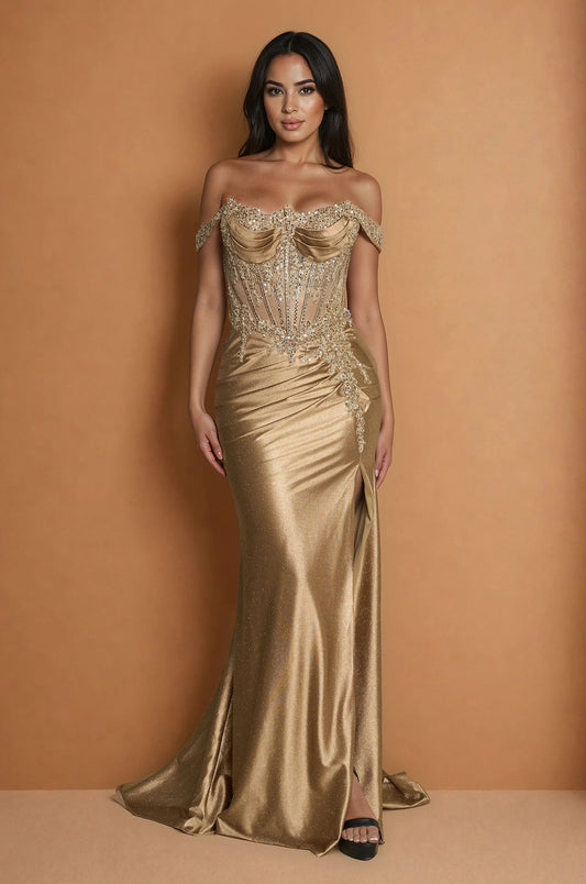 Prom Dresses Long Corset Off Shoulder Formal Prom Dress Antique Gold