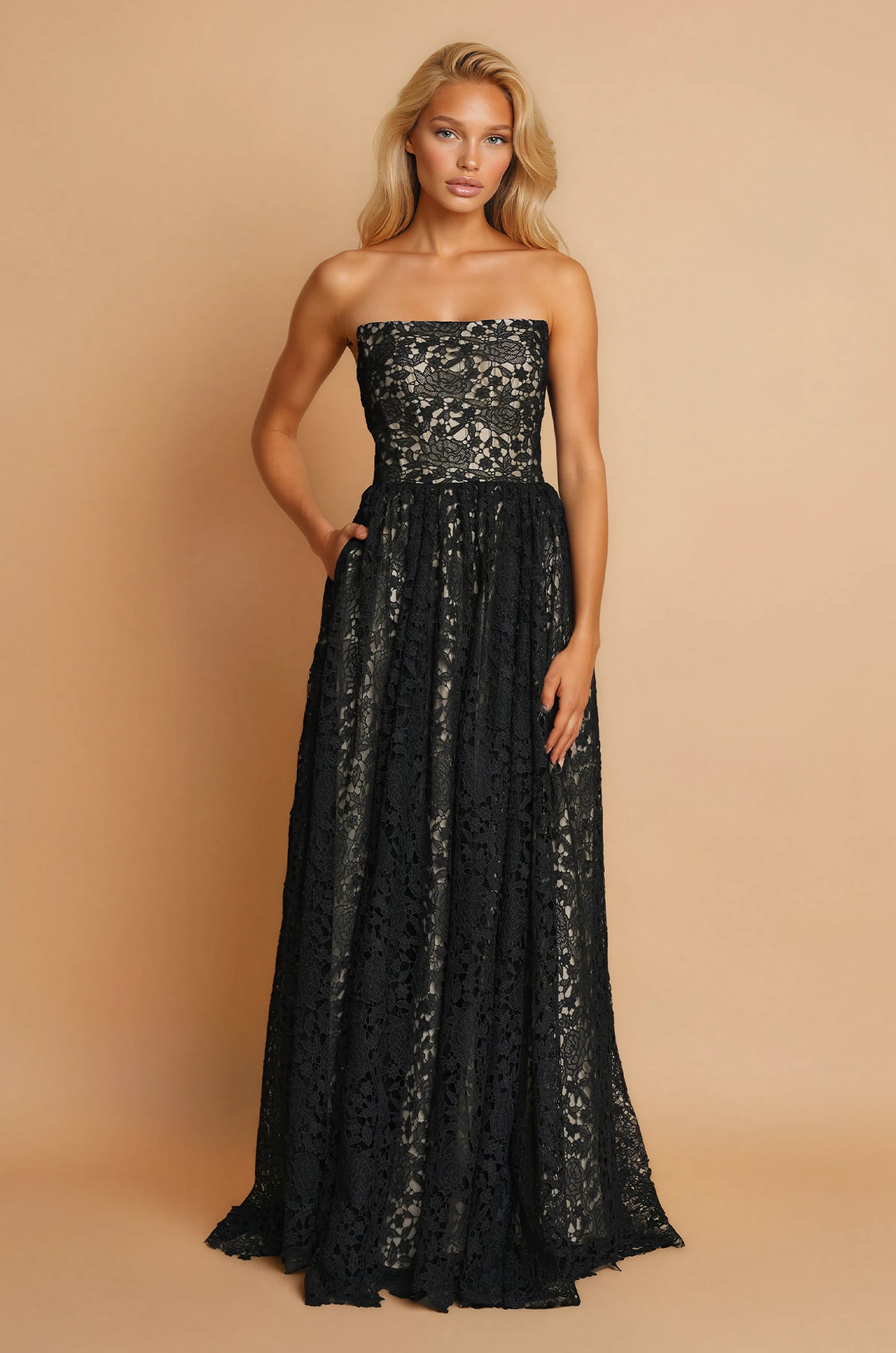 Formal Dresses Long Formal Lace Black Tie Prom Dress Black / Nude