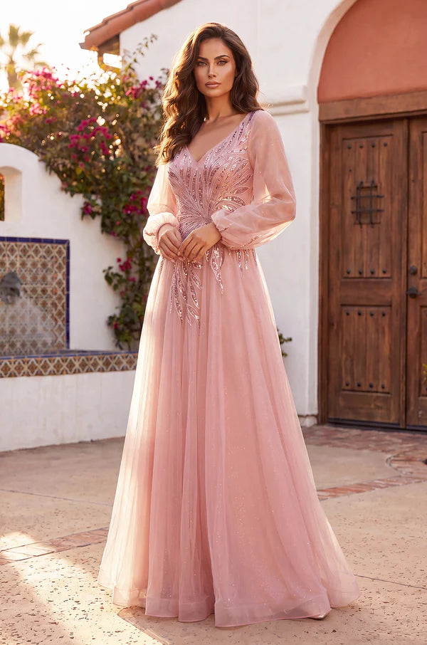 Kos Couture V Neck Long Sleeve Formal Evening Dress