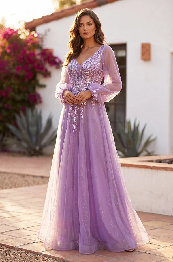 Kos Couture V Neck Long Sleeve Formal Evening Dress