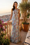 Long Formal Scoop Neck Floral Print Evening Dress Blue