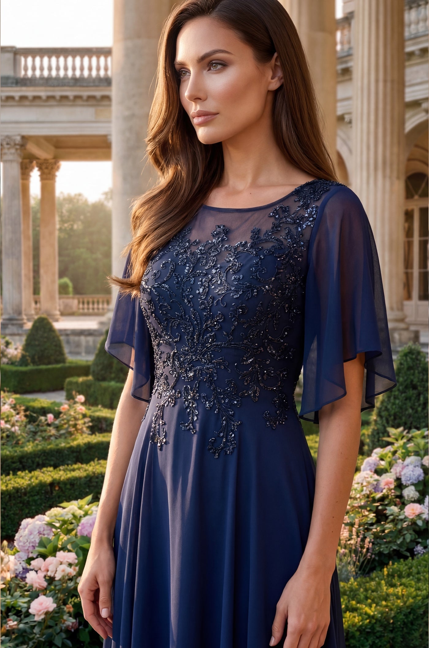 V-Neck Long Chiffon Mother of the Bride Dress Navy