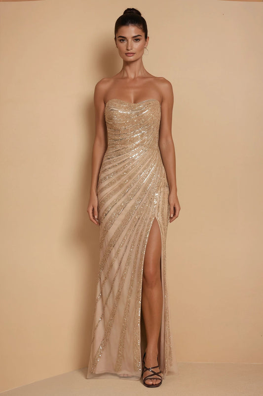 Prom Dresses Fully Hand Beaded Gold Couture Dress Gold