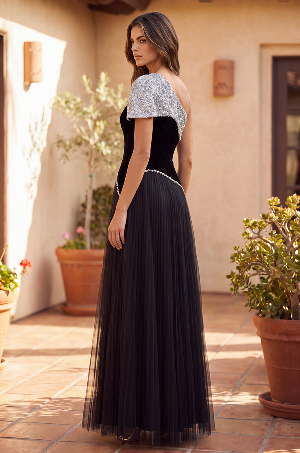 Kos Couture Long One Shoulder Black Couture Dress