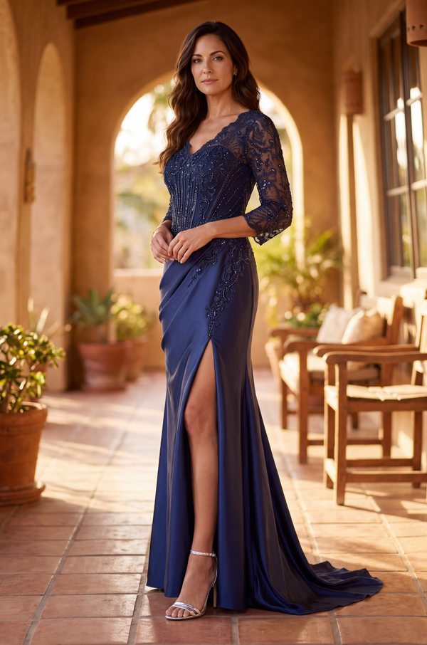 Kos Couture V Neck Beaded Evening Gown Long Sleeve Formal Dress