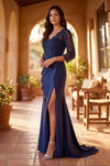 Kos Couture V Neck Beaded Evening Gown Long Sleeve Formal Dress