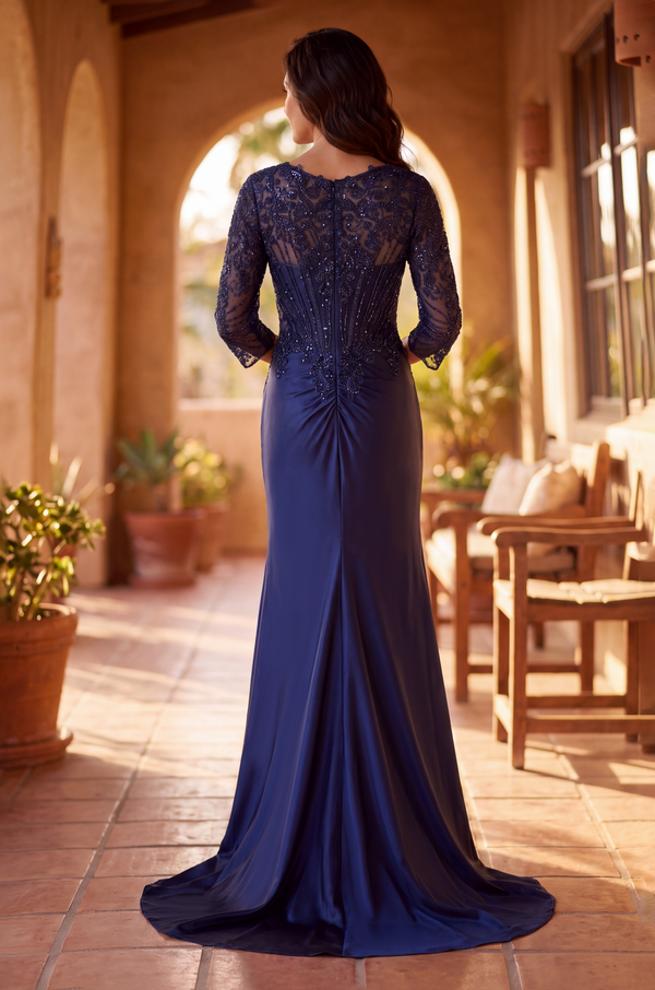 Kos Couture V Neck Beaded Evening Gown Long Sleeve Formal Dress