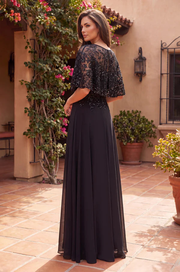 Kos Couture Sequin Lace Cape Sleeve Long Formal Chiffon Evening Gown