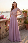 Kos Couture Sequin Lace Cape Sleeve Long Formal Chiffon Evening Gown