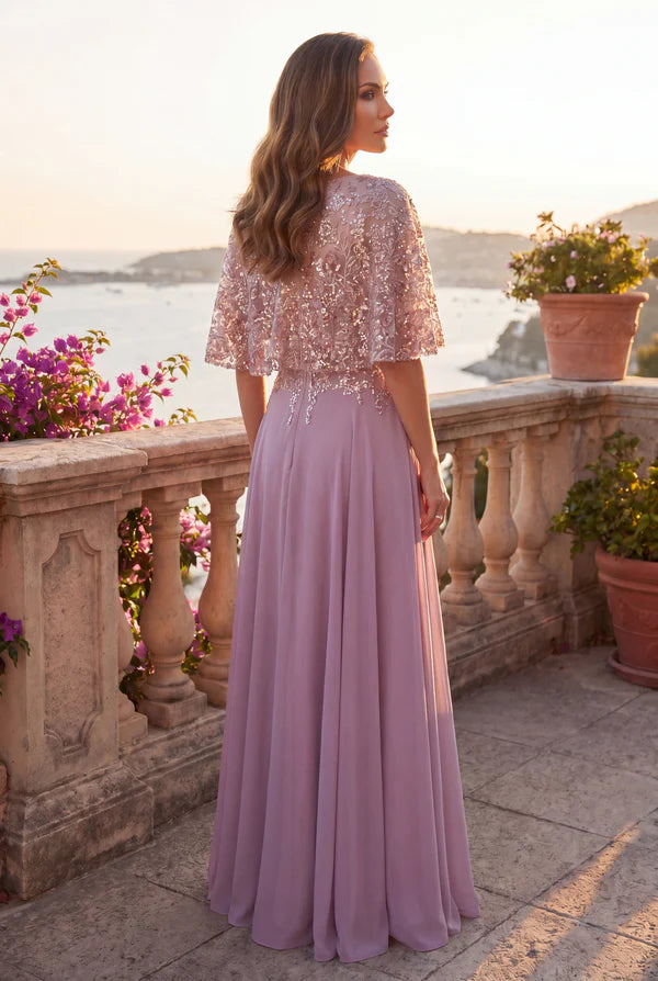 Kos Couture Sequin Lace Cape Sleeve Long Formal Chiffon Evening Gown
