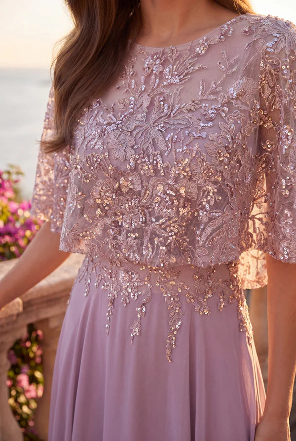 Kos Couture Sequin Lace Cape Sleeve Long Formal Chiffon Evening Gown
