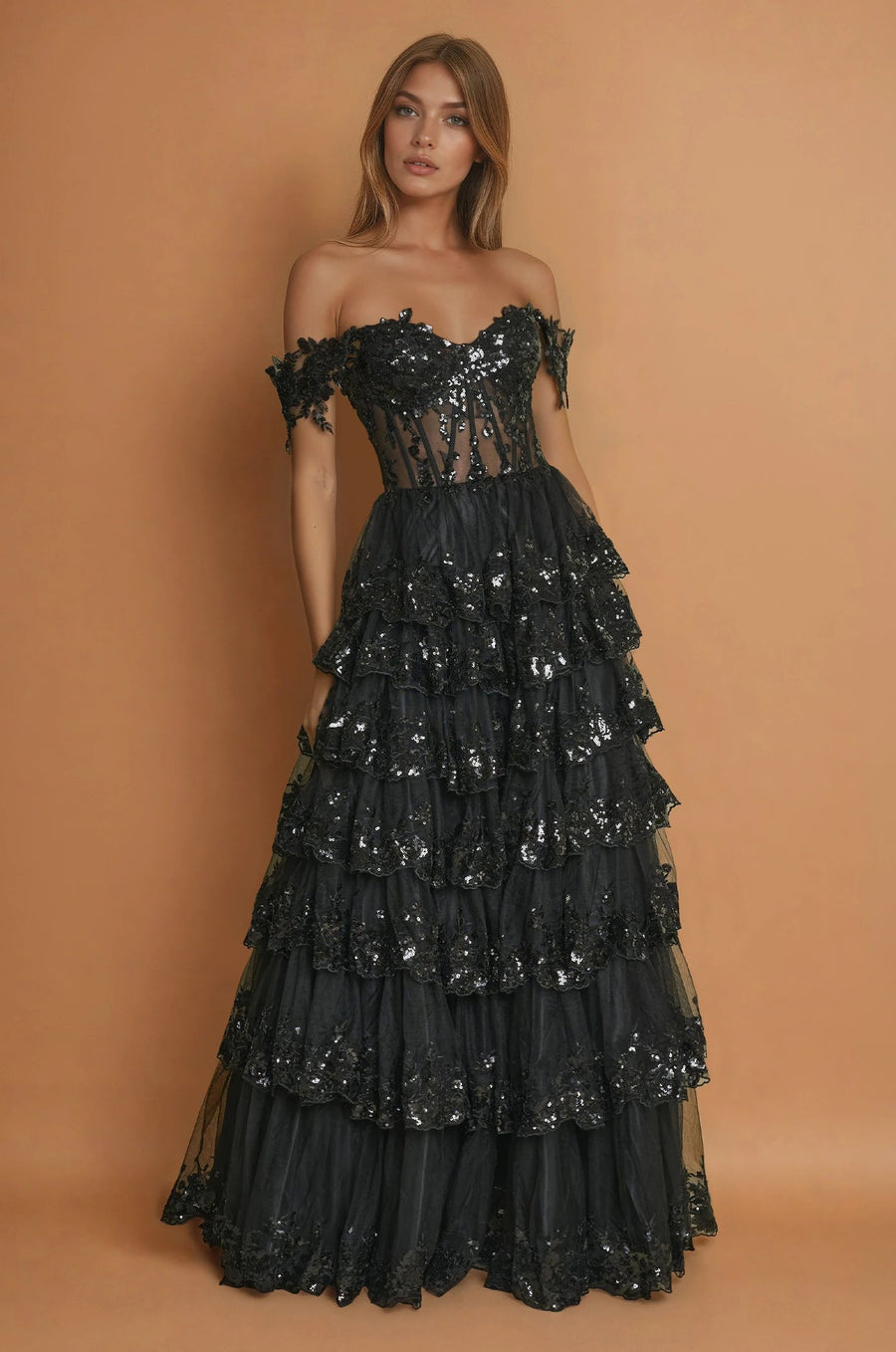 Prom Dresses Long Corset Ruffled Prom Dress Black