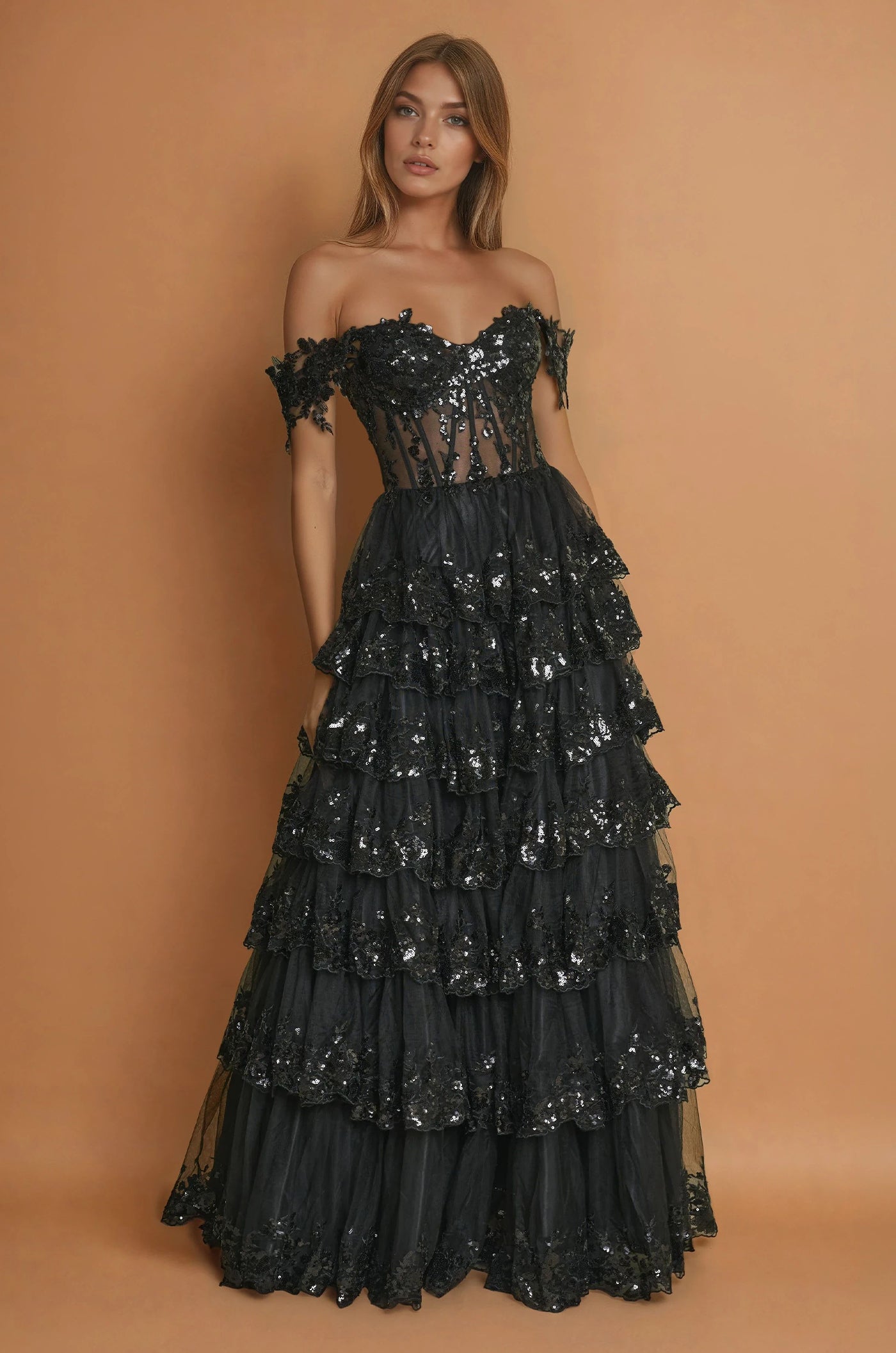 Prom Dresses Long Corset Ruffled Prom Dress Black