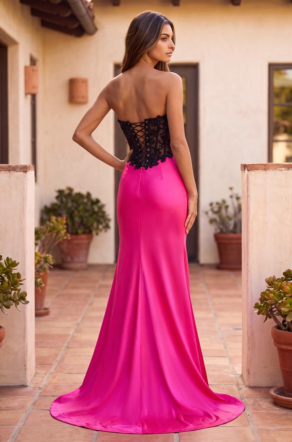Kos Couture Long Fitted Stretch Satin Formal Corset Prom Dress
