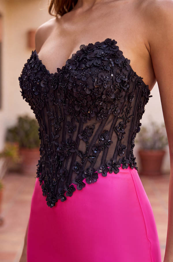 Kos Couture Long Fitted Stretch Satin Formal Corset Prom Dress