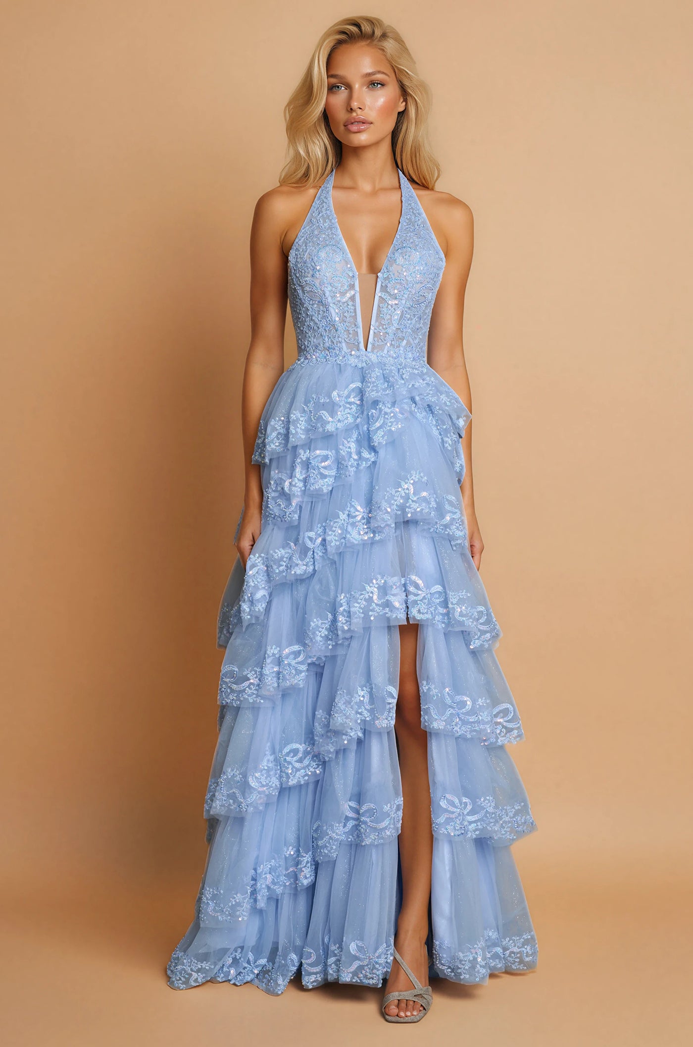 Kos Couture Formal Long Halter Neck Beaded Corset Prom Dress