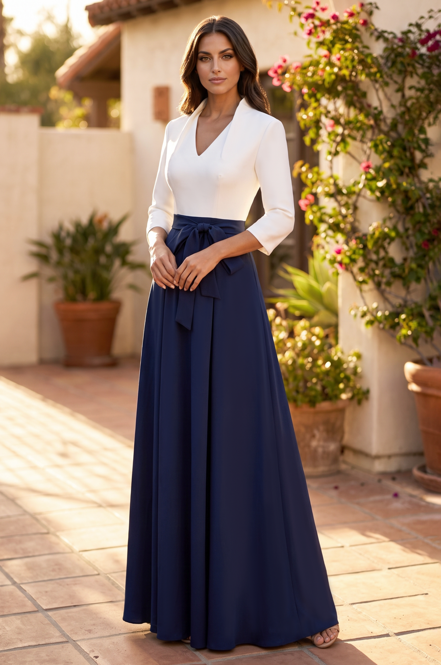 Kos Couture Long Sleeve Formal Two Tone Evening Pocket Dress