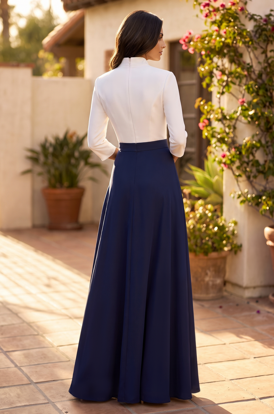 Kos Couture Long Sleeve Formal Two Tone Evening Pocket Dress