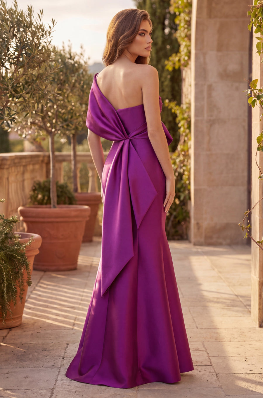 Kos Couture Metallic One Shoulder Bow Long Formal Mermaid Dress