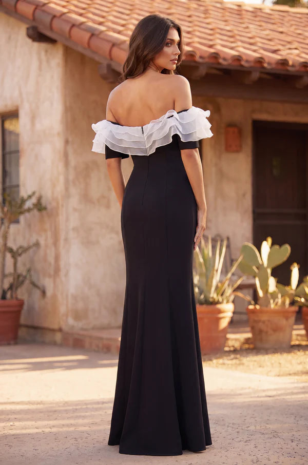 Kos Couture Ruffled Long Off Shoulder Formal Evening Dress