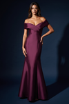 Mikado Long Off Shoulder Formal Criss Cross Bodice Evening Dress