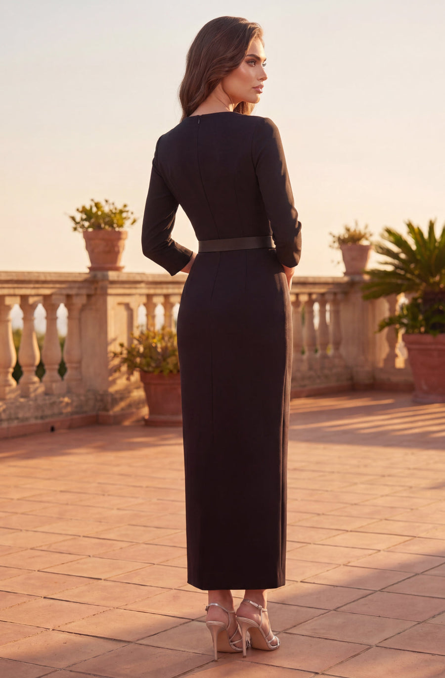 Formal Long Fitted Belted Skirt Maxi Evening Dress Black