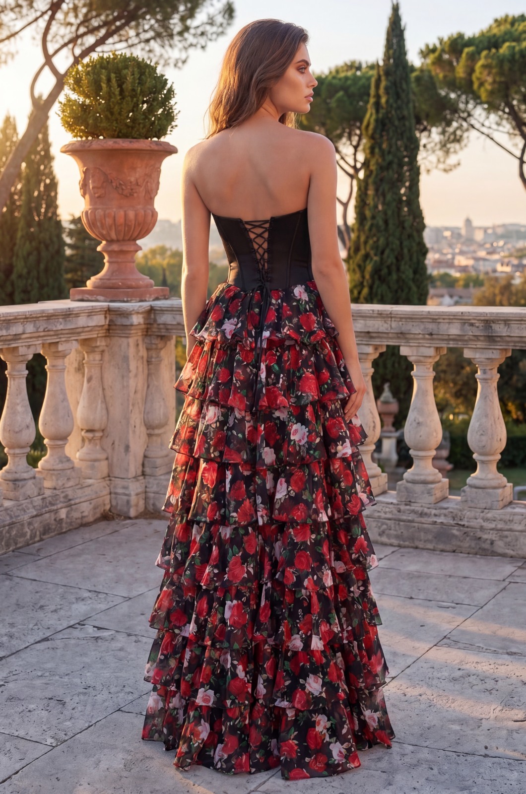 Long Corset Tiered Ruffle Formal Prom Dress