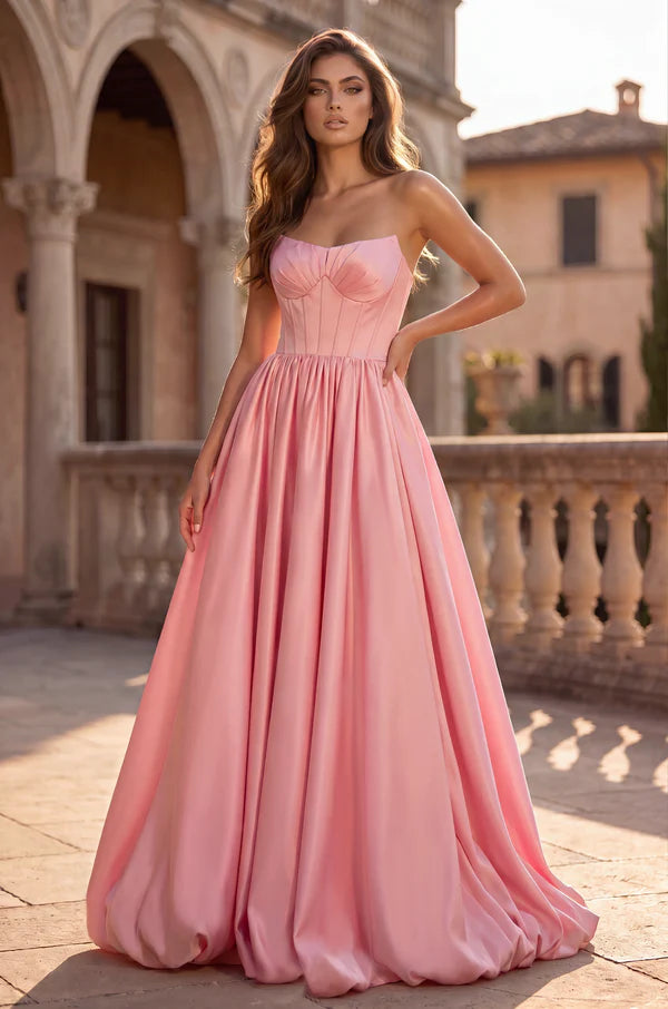Kos Couture Long Satin Prom Ball Gown with Sweetheart Corset Bodice