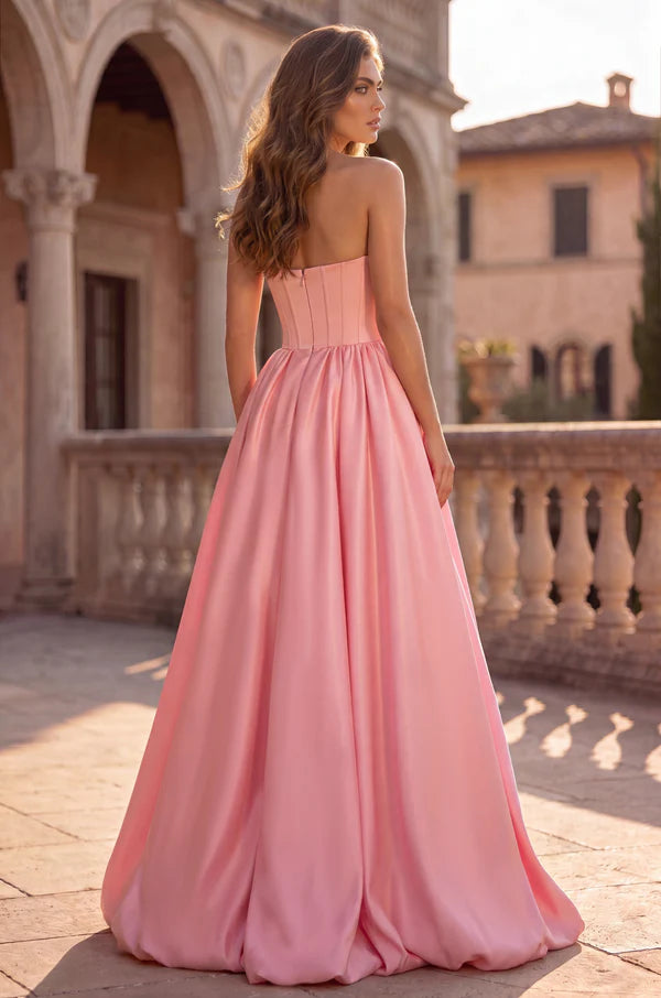 Kos Couture Long Satin Prom Ball Gown with Sweetheart Corset Bodice