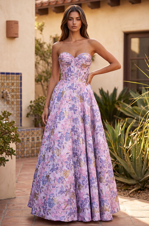 Kos Couture Long Strapless Corset Floral Jacquard Ball Gown