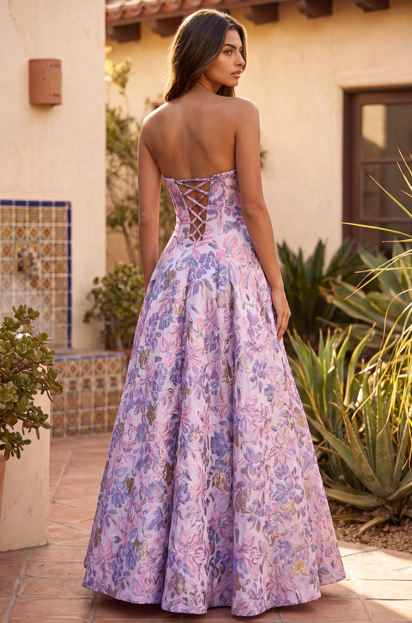 Kos Couture Long Strapless Corset Floral Jacquard Ball Gown