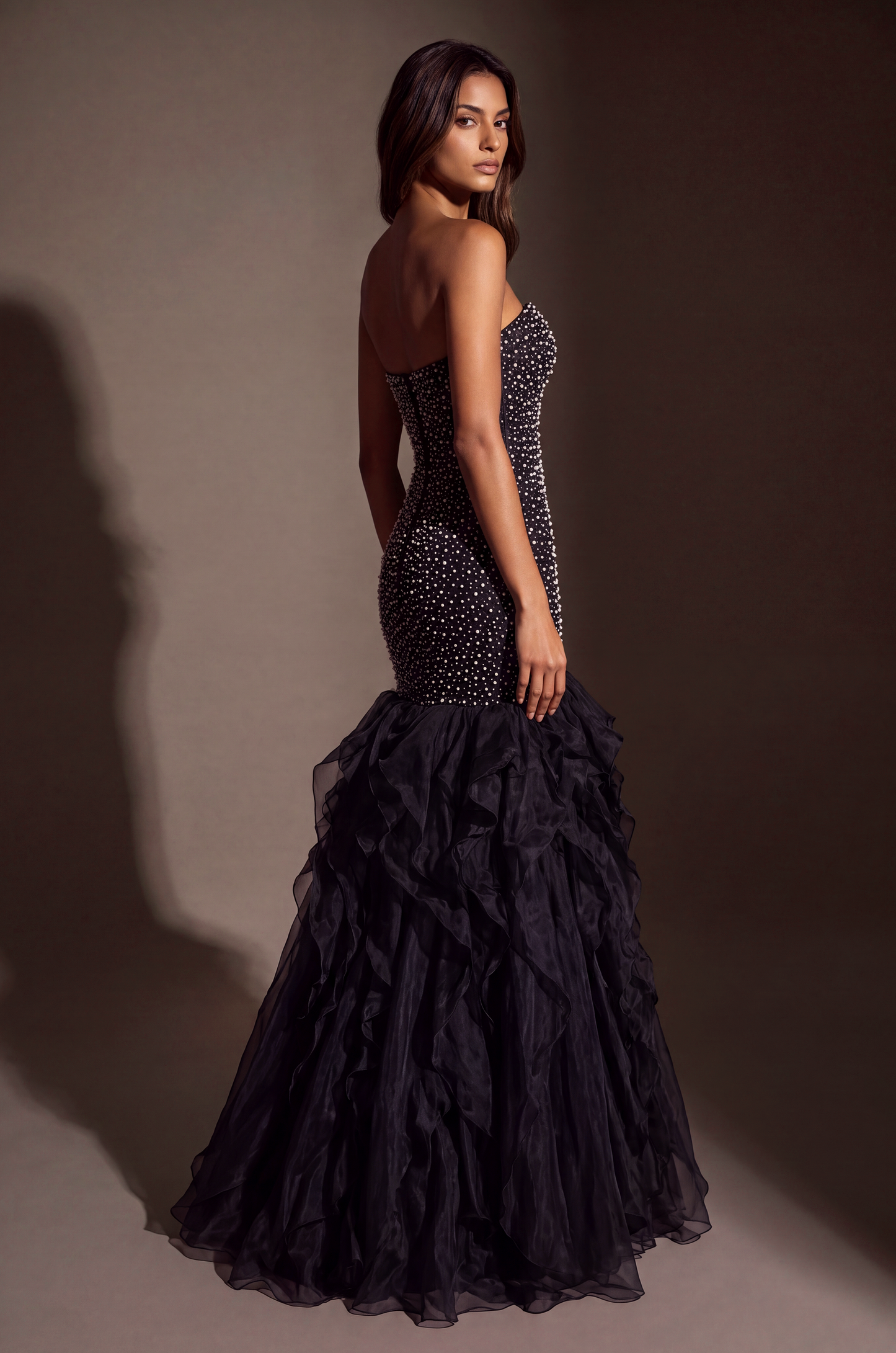 Formal Pearl Beaded Tiered Mermaid Evening Dress