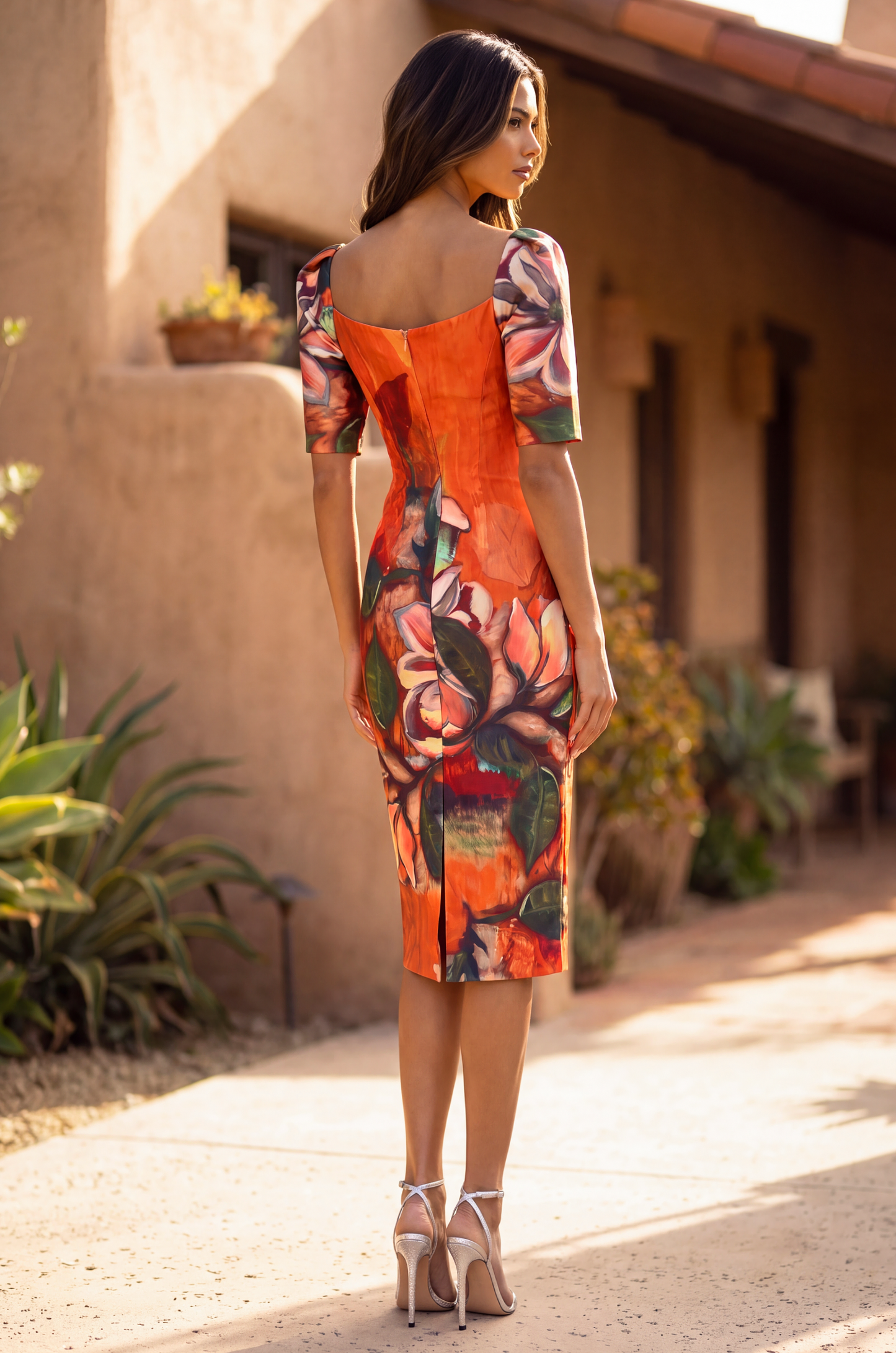 Kos Couture Floral Print Midi Sheath Cocktail Dress