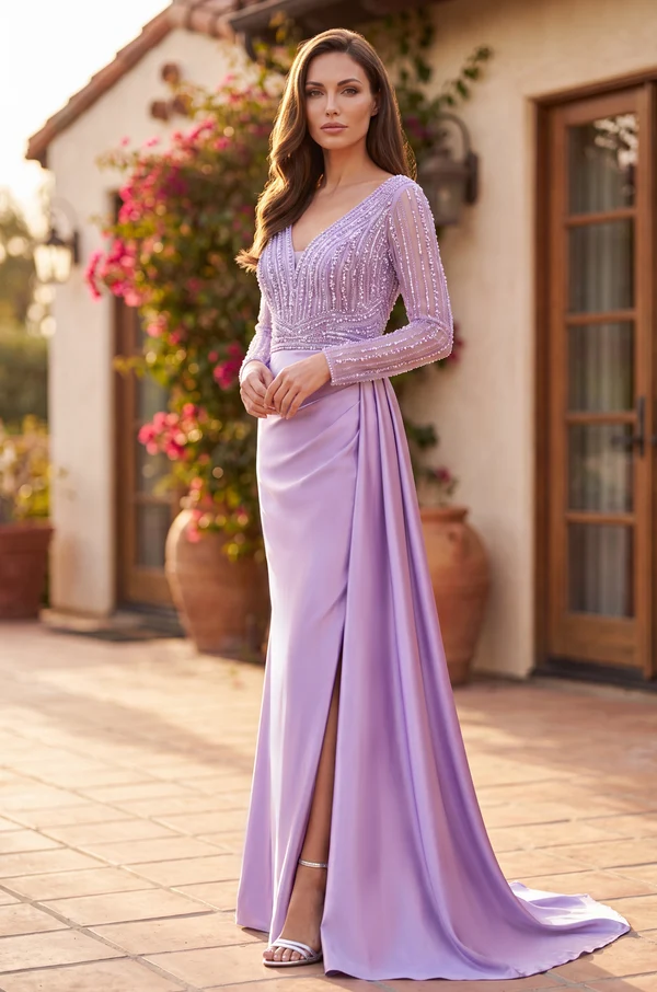 Kos Couture Fitted Long Sleeve Formal Evening Gown
