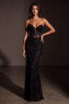 Black strapless sequin formal gown, front view