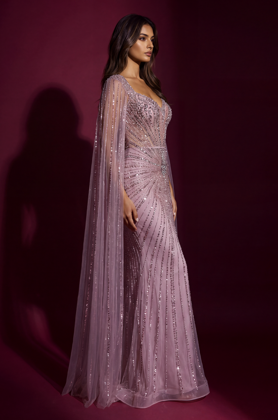 Formal Dress Beaded Cape Evening Gown