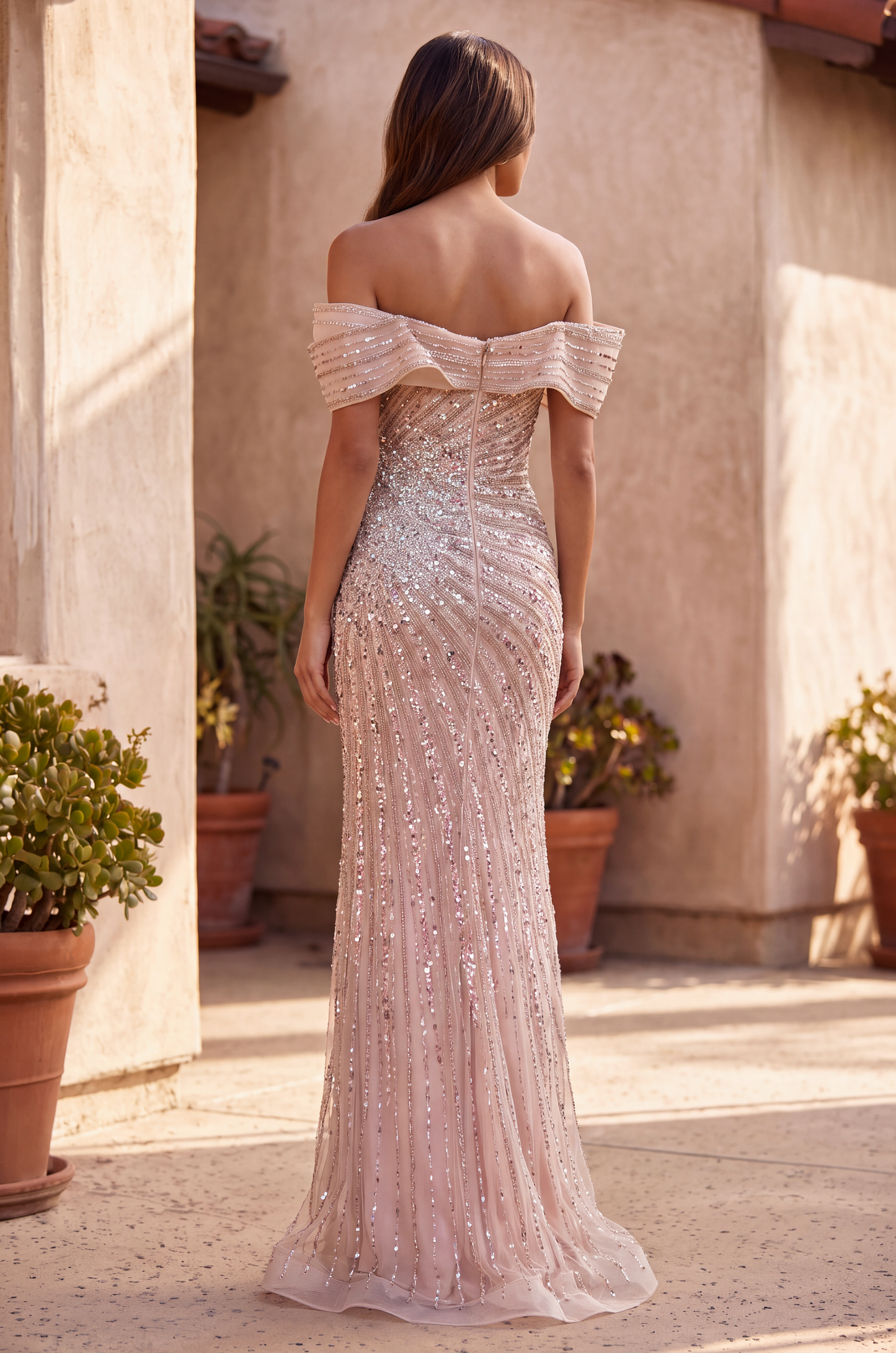 Prom Beaded Draped Sleeve Mesh Formal Dress