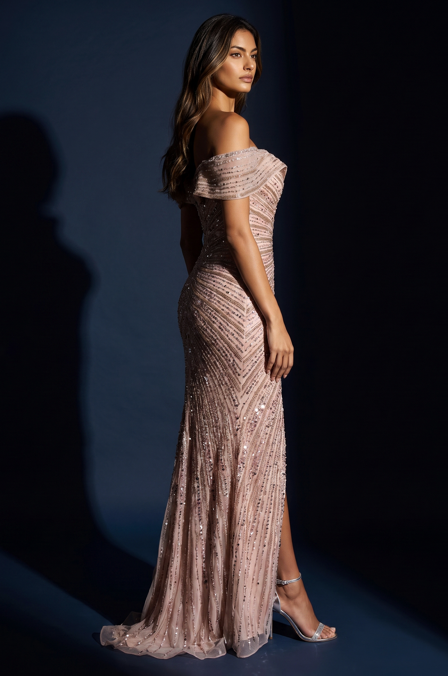 Kos Couture Formal Fully Beaded Sequined Fitted Evening Gown
